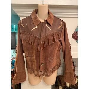 VINTAGE 80s CHEVIGNON HOPI NAVAJO NATIVE WESTERN BOHO FRINGED SUEDE JACKET M